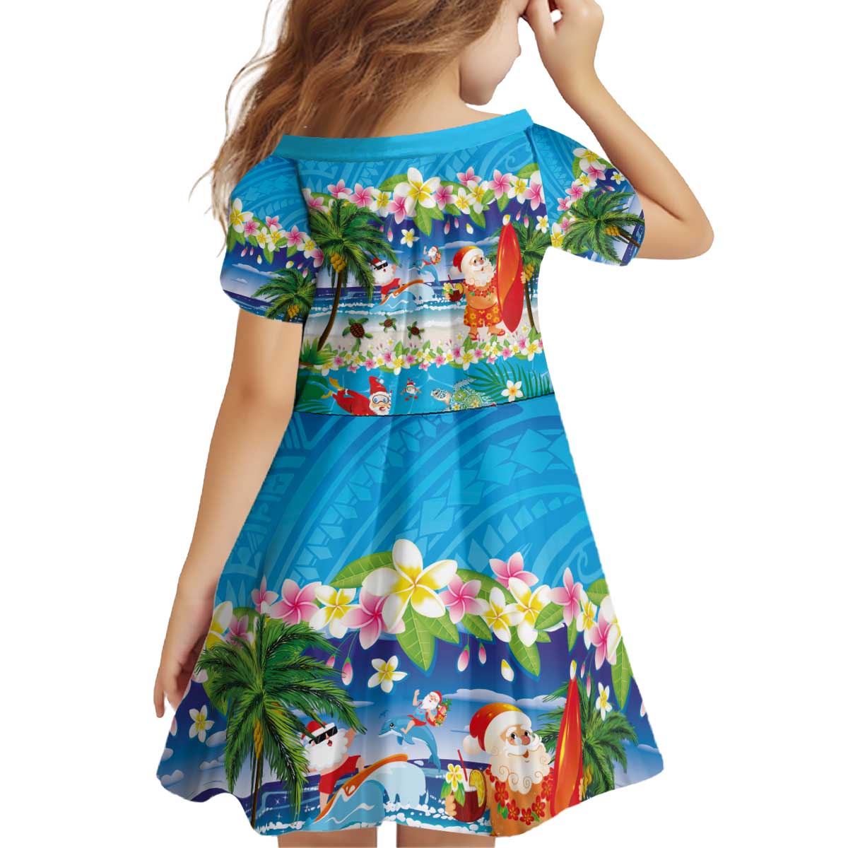 Polynesian Merry Christmas Kid Short Sleeve Dress Funny Santa Beach Tropical Plant and Turtle - Polynesian Pride