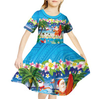 Polynesian Merry Christmas Kid Short Sleeve Dress Funny Santa Beach Tropical Plant and Turtle - Polynesian Pride