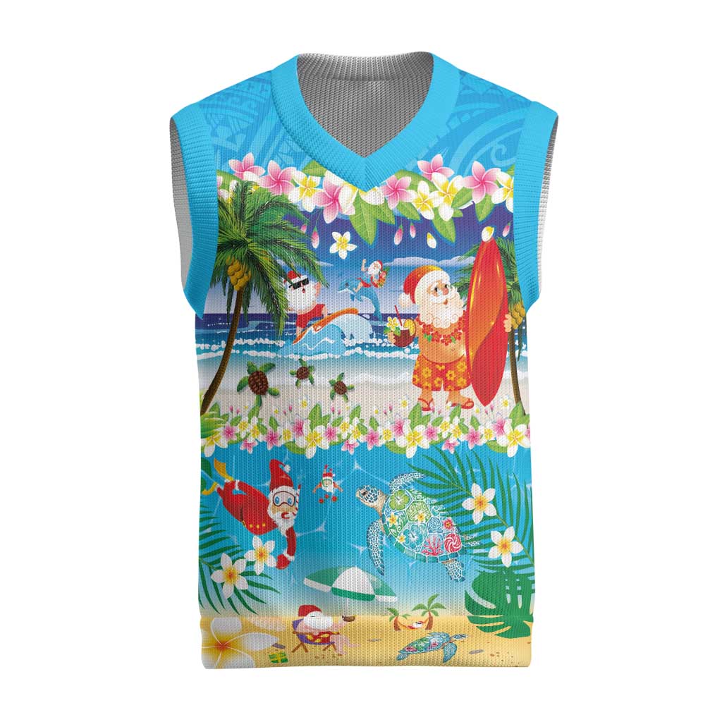 Polynesian Merry Christmas Knitted V-Neck Vest Funny Santa Beach Tropical Plant and Turtle - Polynesian Pride