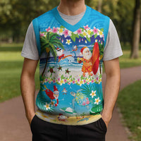 Polynesian Merry Christmas Knitted V-Neck Vest Funny Santa Beach Tropical Plant and Turtle - Polynesian Pride