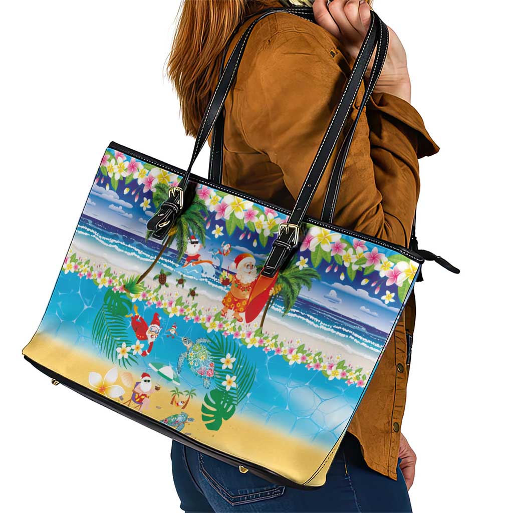 Polynesian Merry Christmas Leather Tote Bag Funny Santa Beach Tropical Plant and Turtle - Polynesian Pride