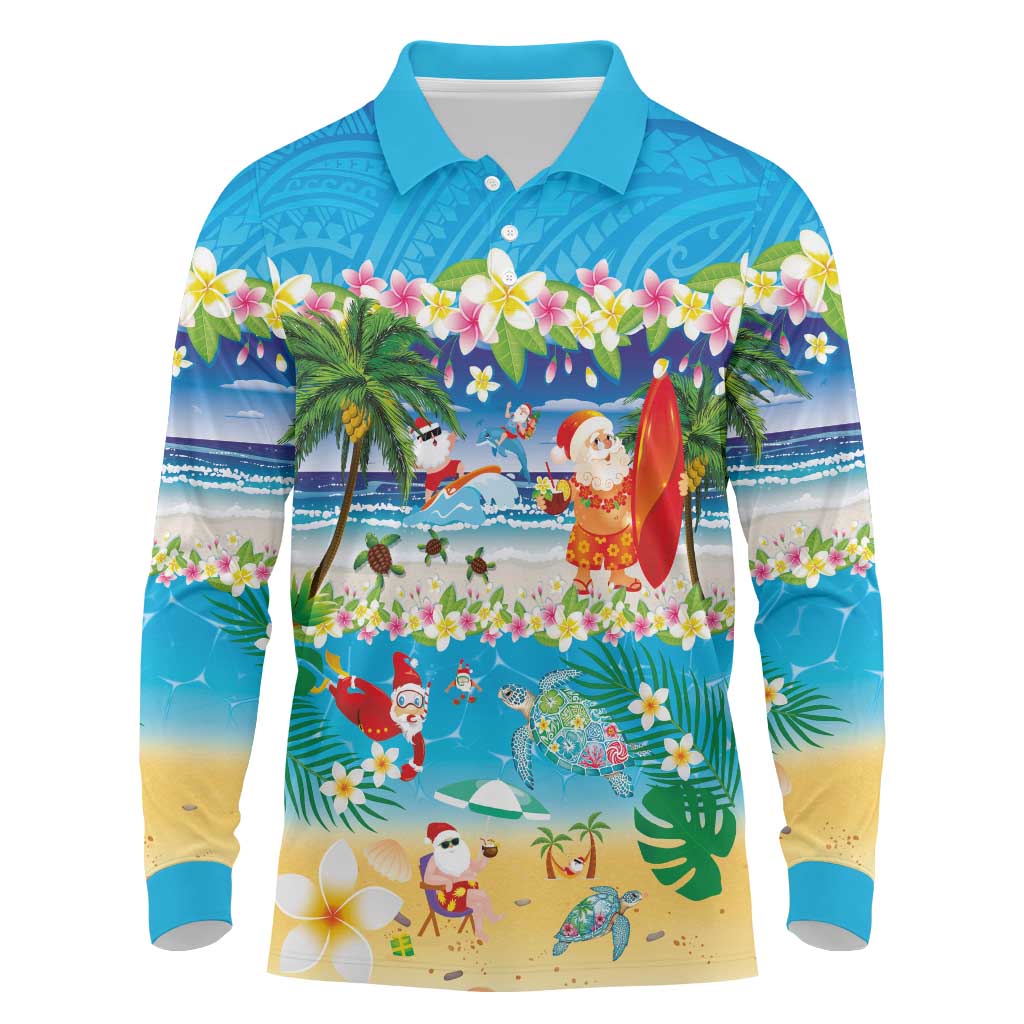 Polynesian Merry Christmas Long Sleeve Polo Shirt Funny Santa Beach Tropical Plant and Turtle - Polynesian Pride