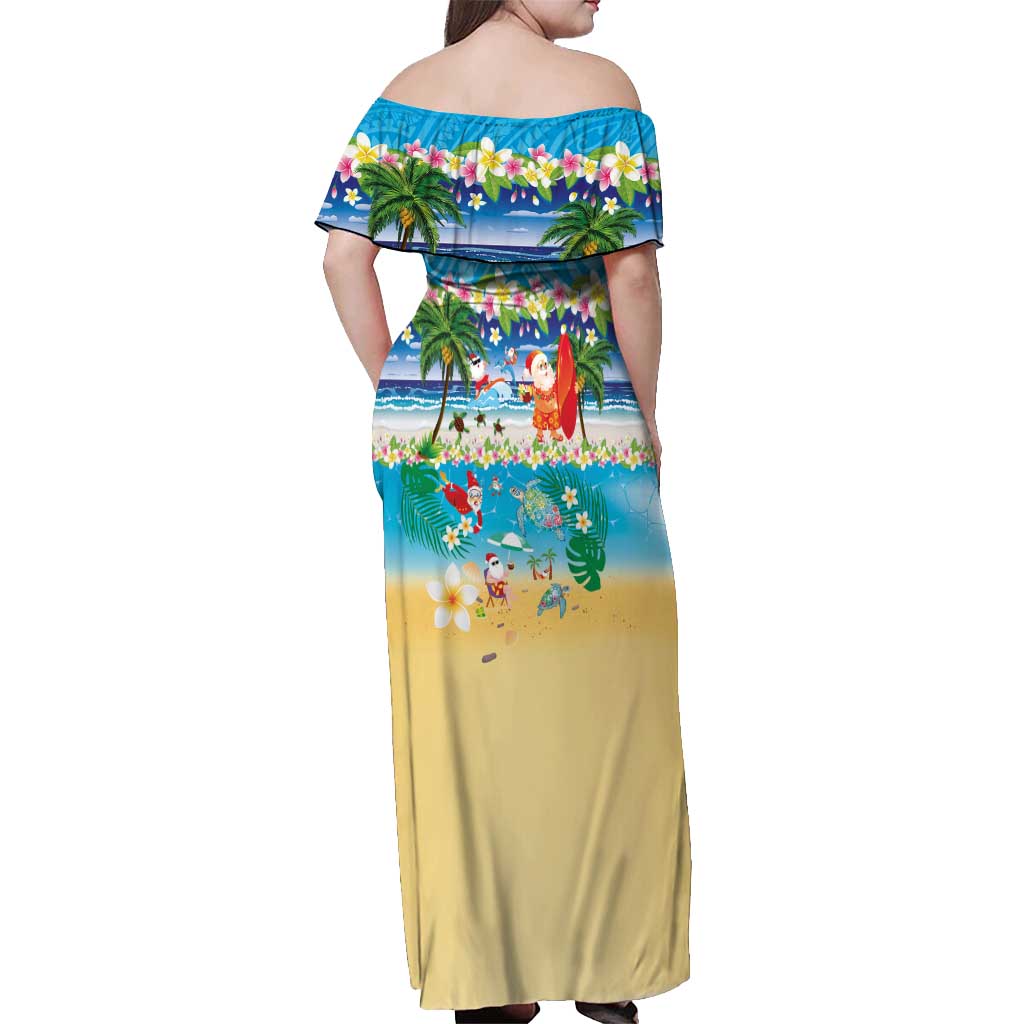Polynesian Merry Christmas Off Shoulder Maxi Dress Funny Santa Beach Tropical Plant and Turtle - Polynesian Pride