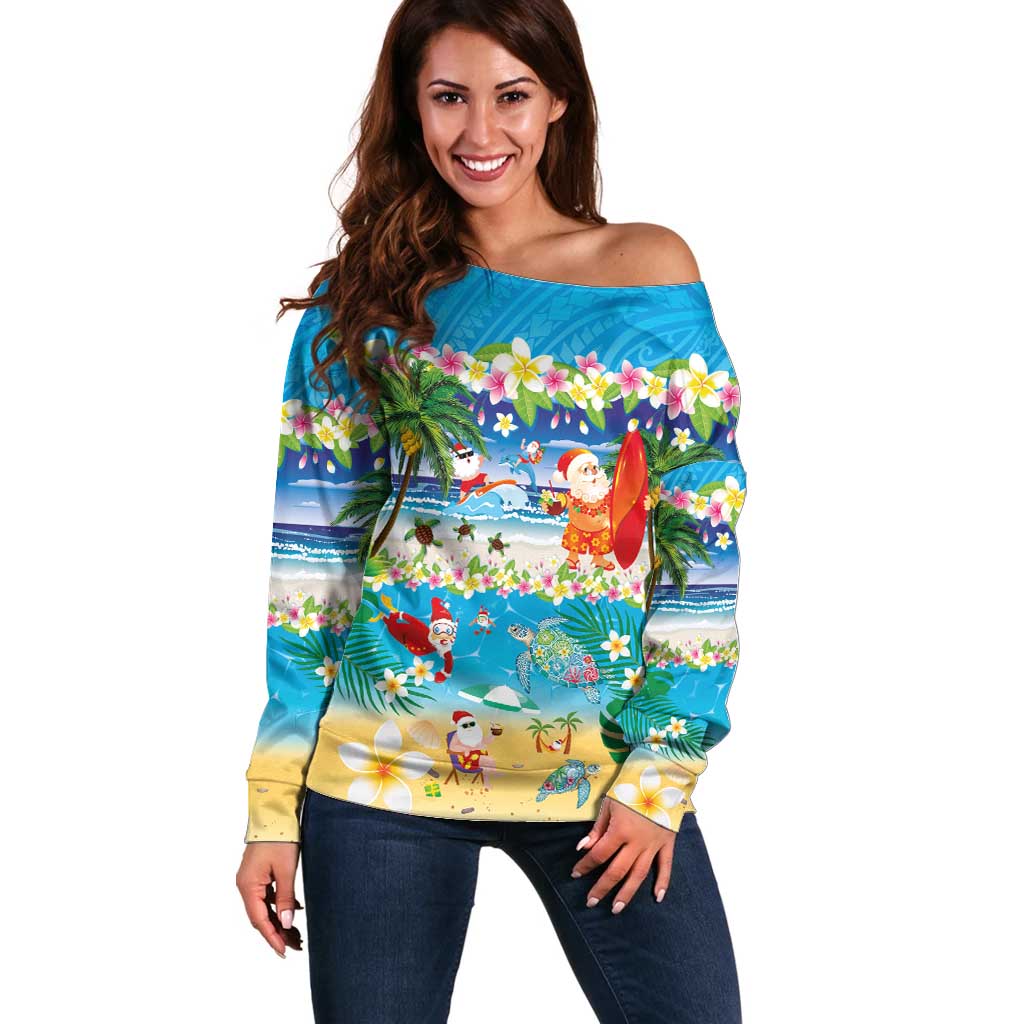 Polynesian Merry Christmas Off Shoulder Sweater Funny Santa Beach Tropical Plant and Turtle - Polynesian Pride