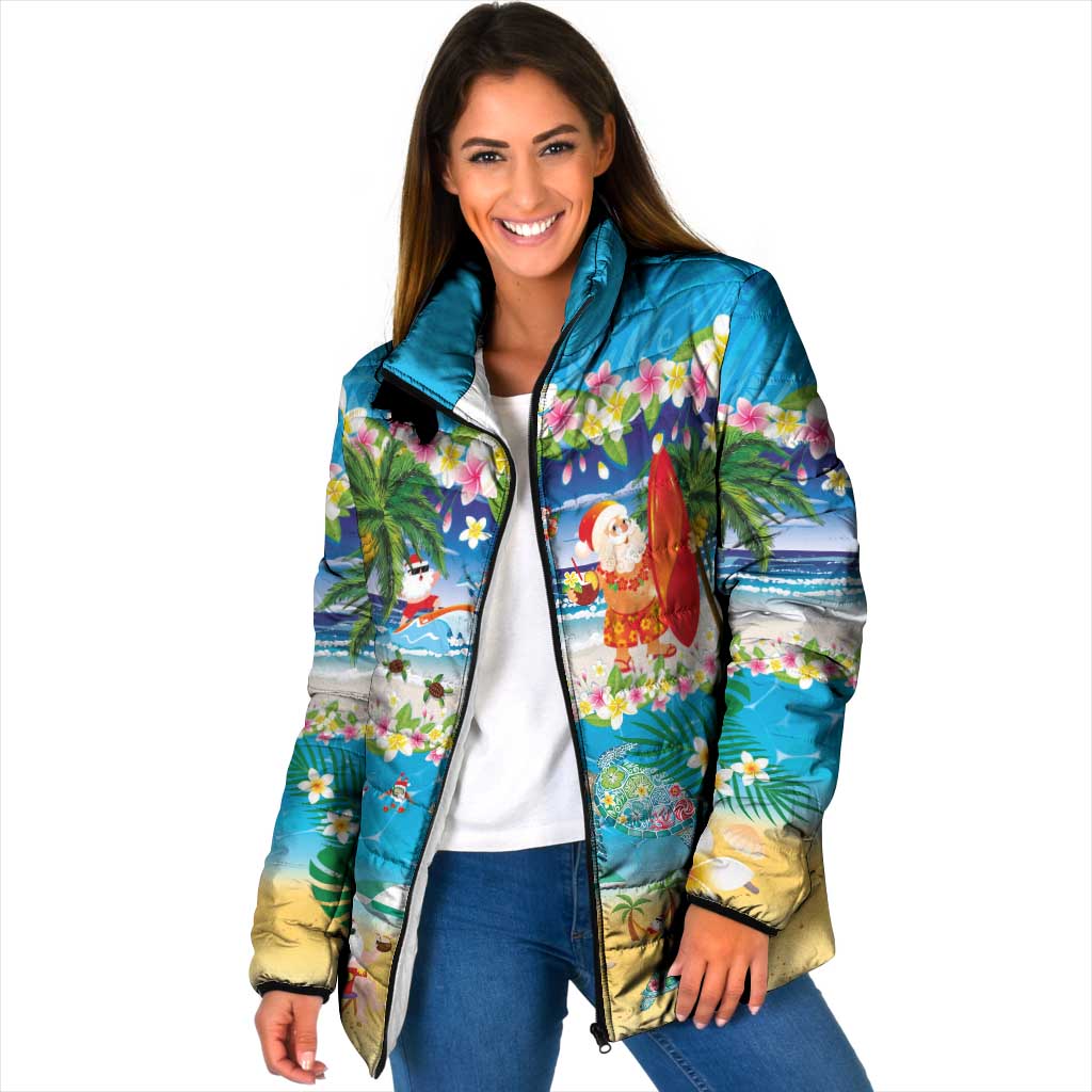 Polynesian Merry Christmas Padded Jacket Funny Santa Beach Tropical Plant and Turtle - Polynesian Pride