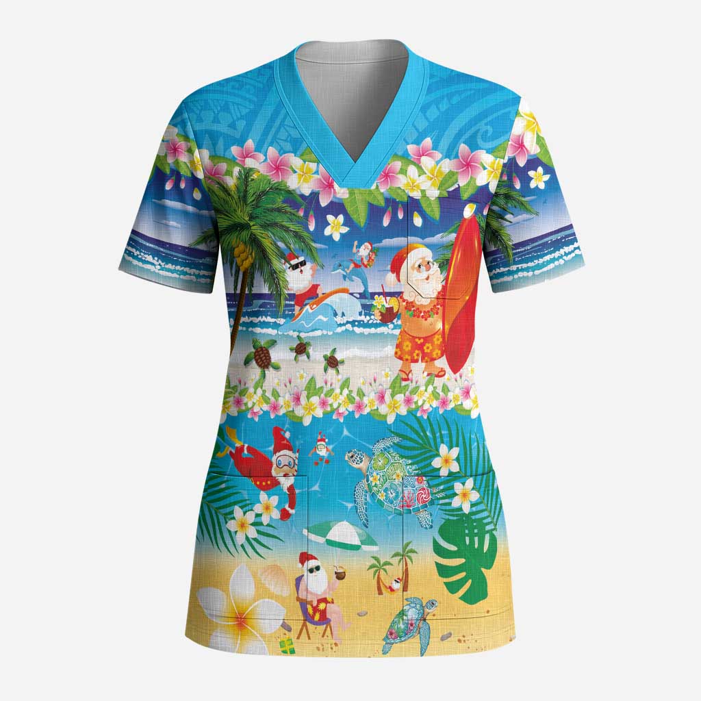 Polynesian Merry Christmas Scrub Top Funny Santa Beach Tropical Plant and Turtle - Polynesian Pride