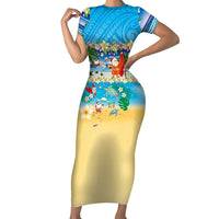 Polynesian Merry Christmas Short Sleeve Bodycon Dress Funny Santa Beach Tropical Plant and Turtle - Polynesian Pride