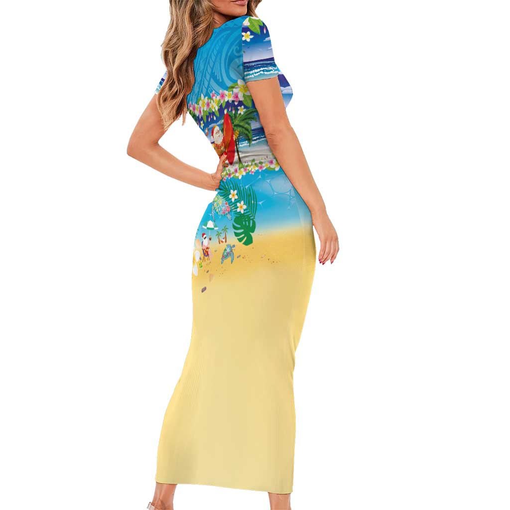 Polynesian Merry Christmas Short Sleeve Bodycon Dress Funny Santa Beach Tropical Plant and Turtle - Polynesian Pride