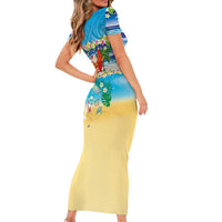 Polynesian Merry Christmas Short Sleeve Bodycon Dress Funny Santa Beach Tropical Plant and Turtle - Polynesian Pride