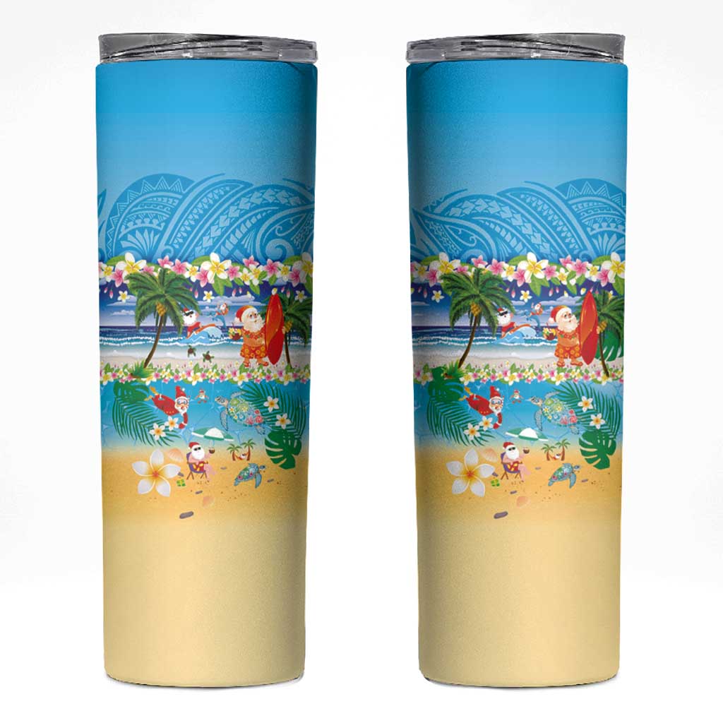 Polynesian Merry Christmas Skinny Tumbler Funny Santa Beach Tropical Plant and Turtle - Polynesian Pride