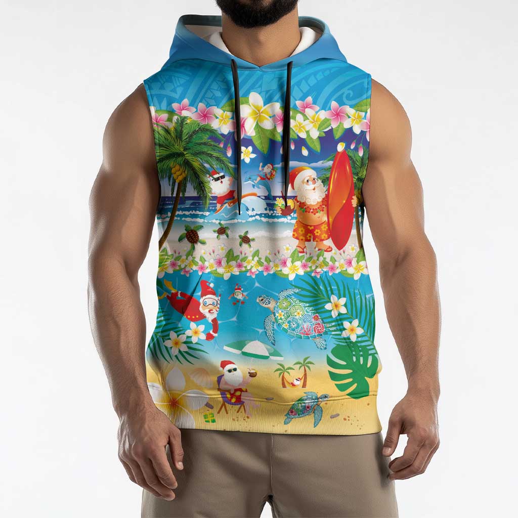 Polynesian Merry Christmas Sleeveless Hoodie Funny Santa Beach Tropical Plant and Turtle - Polynesian Pride
