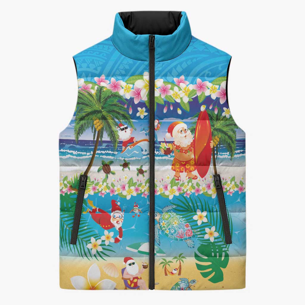 Polynesian Merry Christmas Sleeveless Puffer Jacket Funny Santa Beach Tropical Plant and Turtle - Polynesian Pride