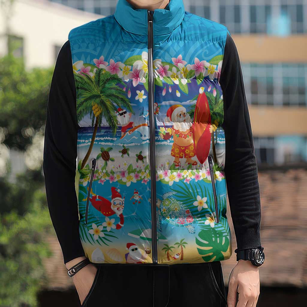 Polynesian Merry Christmas Sleeveless Puffer Jacket Funny Santa Beach Tropical Plant and Turtle - Polynesian Pride