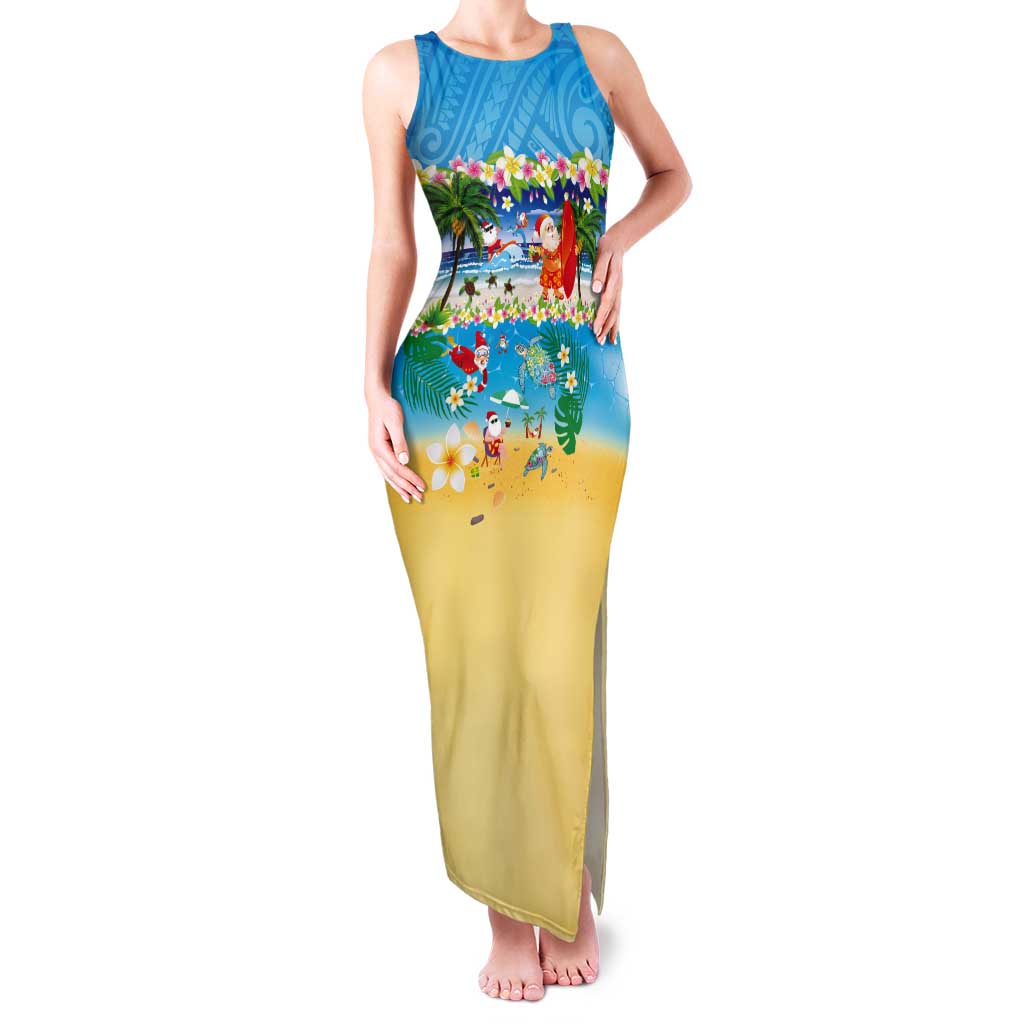 Polynesian Merry Christmas Tank Maxi Dress Funny Santa Beach Tropical Plant and Turtle - Polynesian Pride