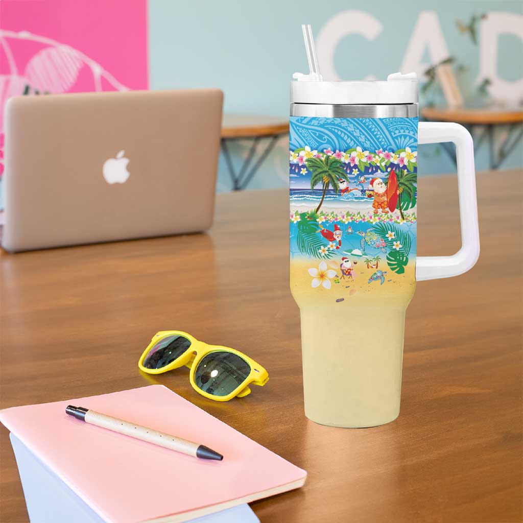 Polynesian Merry Christmas Tumbler With Handle Funny Santa Beach Tropical Plant and Turtle - Polynesian Pride