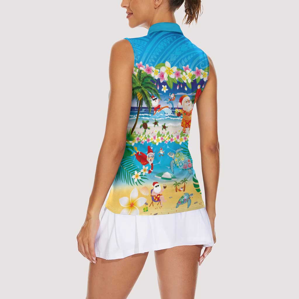 Polynesian Merry Christmas Women Sleeveless Polo Shirt Funny Santa Beach Tropical Plant and Turtle - Polynesian Pride
