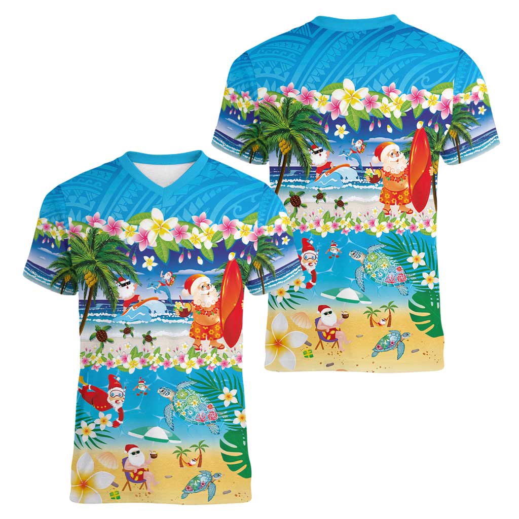 Polynesian Merry Christmas Women V-Neck T-Shirt Funny Santa Beach Tropical Plant and Turtle - Polynesian Pride