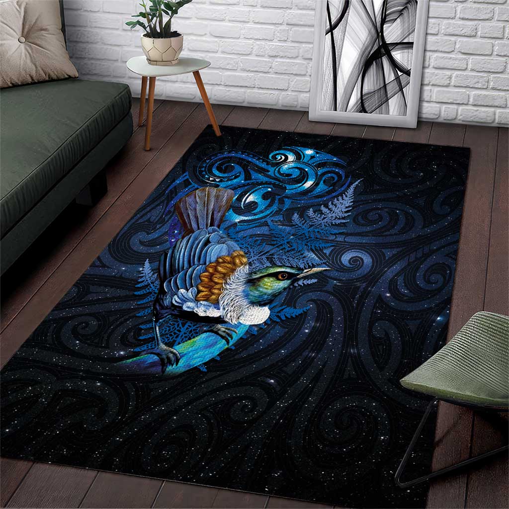 Aotearoa Matariki Area Rug Maori Tribal with Silver Fern and Tui Bird Galaxy Style - Polynesian Pride
