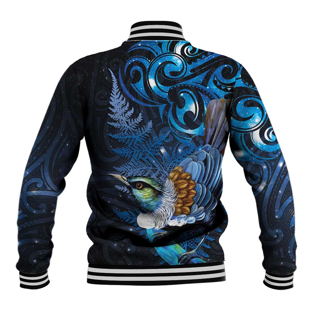 Aotearoa Matariki Baseball Jacket Maori Tribal with Silver Fern and Tui Bird Galaxy Style - Polynesian Pride