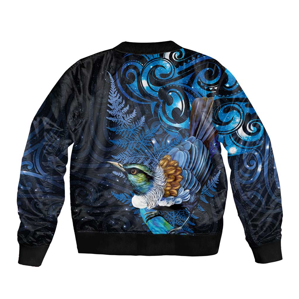 Aotearoa Matariki Bomber Jacket Maori Tribal with Silver Fern and Tui Bird Galaxy Style - Polynesian Pride