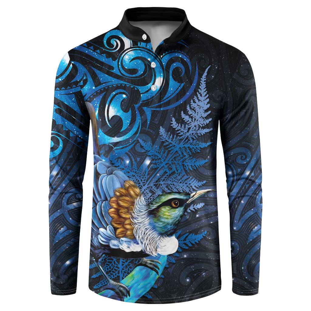 Aotearoa Matariki Button Sweatshirt Maori Tribal with Silver Fern and Tui Bird Galaxy Style - Polynesian Pride