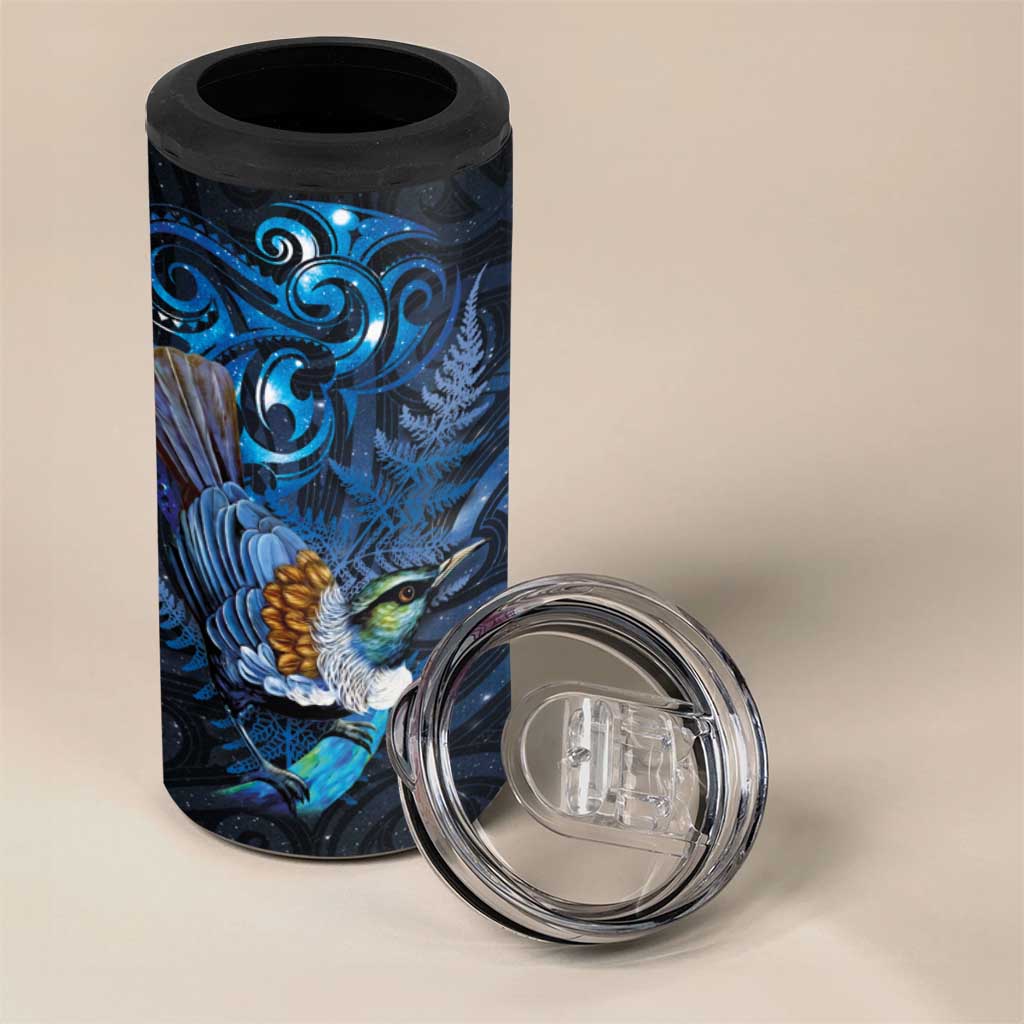Aotearoa Matariki 4 in 1 Can Cooler Tumbler Maori Tribal with Silver Fern and Tui Bird Galaxy Style - Polynesian Pride