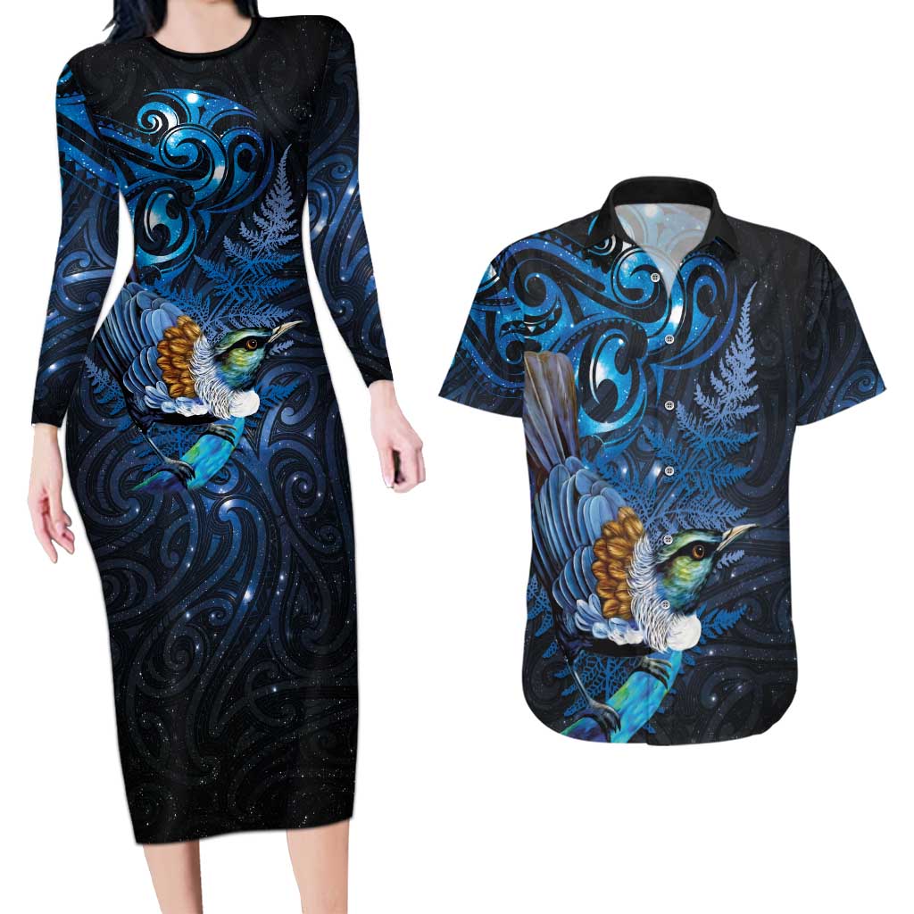 Aotearoa Matariki Couples Matching Long Sleeve Bodycon Dress and Hawaiian Shirt Maori Tribal with Silver Fern and Tui Bird Galaxy Style - Polynesian Pride