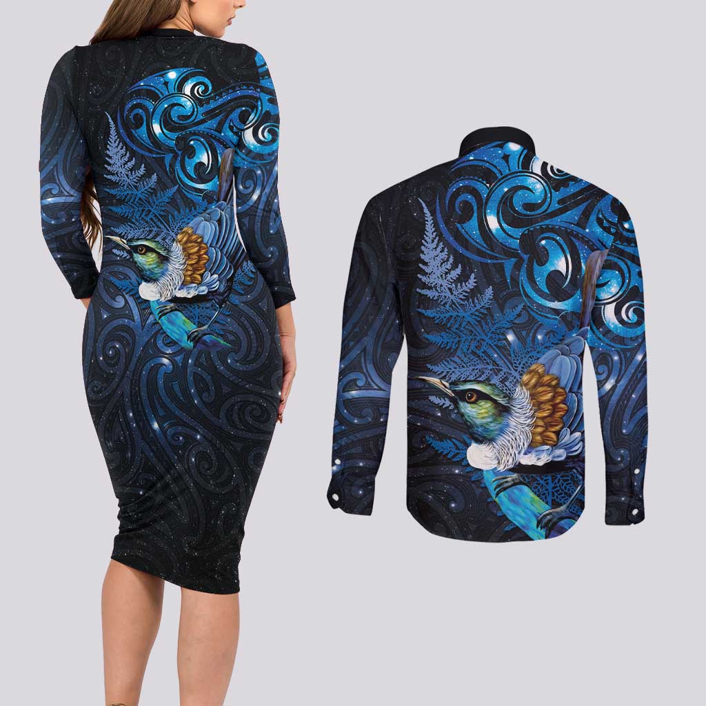 Aotearoa Matariki Couples Matching Long Sleeve Bodycon Dress and Long Sleeve Button Shirt Maori Tribal with Silver Fern and Tui Bird Galaxy Style - Polynesian Pride