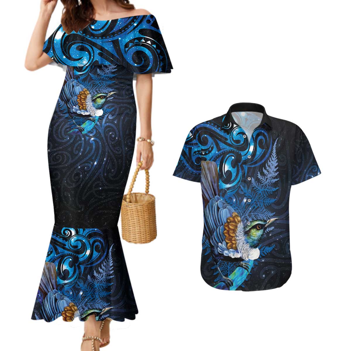 Aotearoa Matariki Couples Matching Mermaid Dress and Hawaiian Shirt Maori Tribal with Silver Fern and Tui Bird Galaxy Style - Polynesian Pride