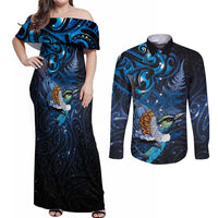Aotearoa Matariki Couples Matching Off Shoulder Maxi Dress and Long Sleeve Button Shirt Maori Tribal with Silver Fern and Tui Bird Galaxy Style - Polynesian Pride