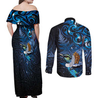 Aotearoa Matariki Couples Matching Off Shoulder Maxi Dress and Long Sleeve Button Shirt Maori Tribal with Silver Fern and Tui Bird Galaxy Style - Polynesian Pride