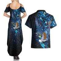 Aotearoa Matariki Couples Matching Summer Maxi Dress and Hawaiian Shirt Maori Tribal with Silver Fern and Tui Bird Galaxy Style - Polynesian Pride