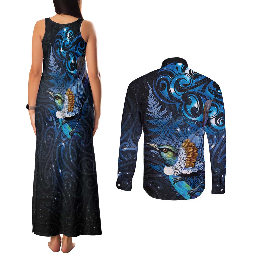 Aotearoa Matariki Couples Matching Tank Maxi Dress and Long Sleeve Button Shirt Maori Tribal with Silver Fern and Tui Bird Galaxy Style - Polynesian Pride