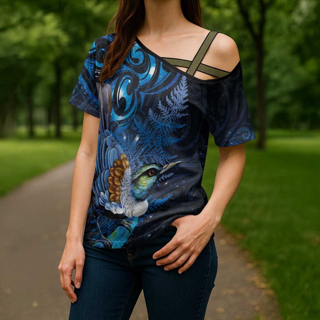 Aotearoa Matariki Cross Shoulder Shirt Maori Tribal with Silver Fern and Tui Bird Galaxy Style - Polynesian Pride