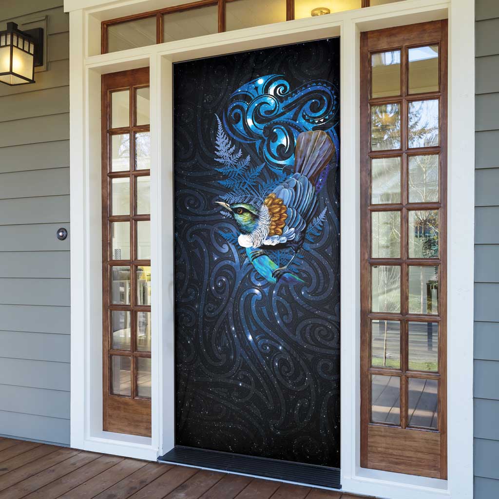 Aotearoa Matariki Door Cover Maori Tribal with Silver Fern and Tui Bird Galaxy Style - Polynesian Pride