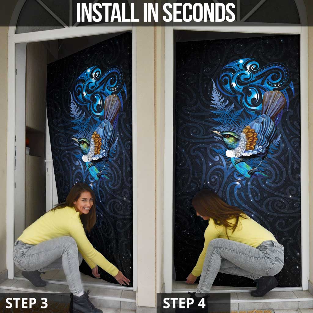 Aotearoa Matariki Door Cover Maori Tribal with Silver Fern and Tui Bird Galaxy Style - Polynesian Pride
