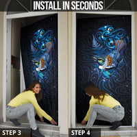 Aotearoa Matariki Door Cover Maori Tribal with Silver Fern and Tui Bird Galaxy Style - Polynesian Pride
