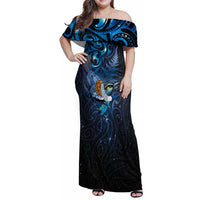 Aotearoa Matariki Family Matching Off Shoulder Maxi Dress and Hawaiian Shirt Maori Tribal with Silver Fern and Tui Bird Galaxy Style - Polynesian Pride