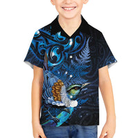 Aotearoa Matariki Family Matching Off Shoulder Short Dress and Hawaiian Shirt Maori Tribal with Silver Fern and Tui Bird Galaxy Style - Polynesian Pride