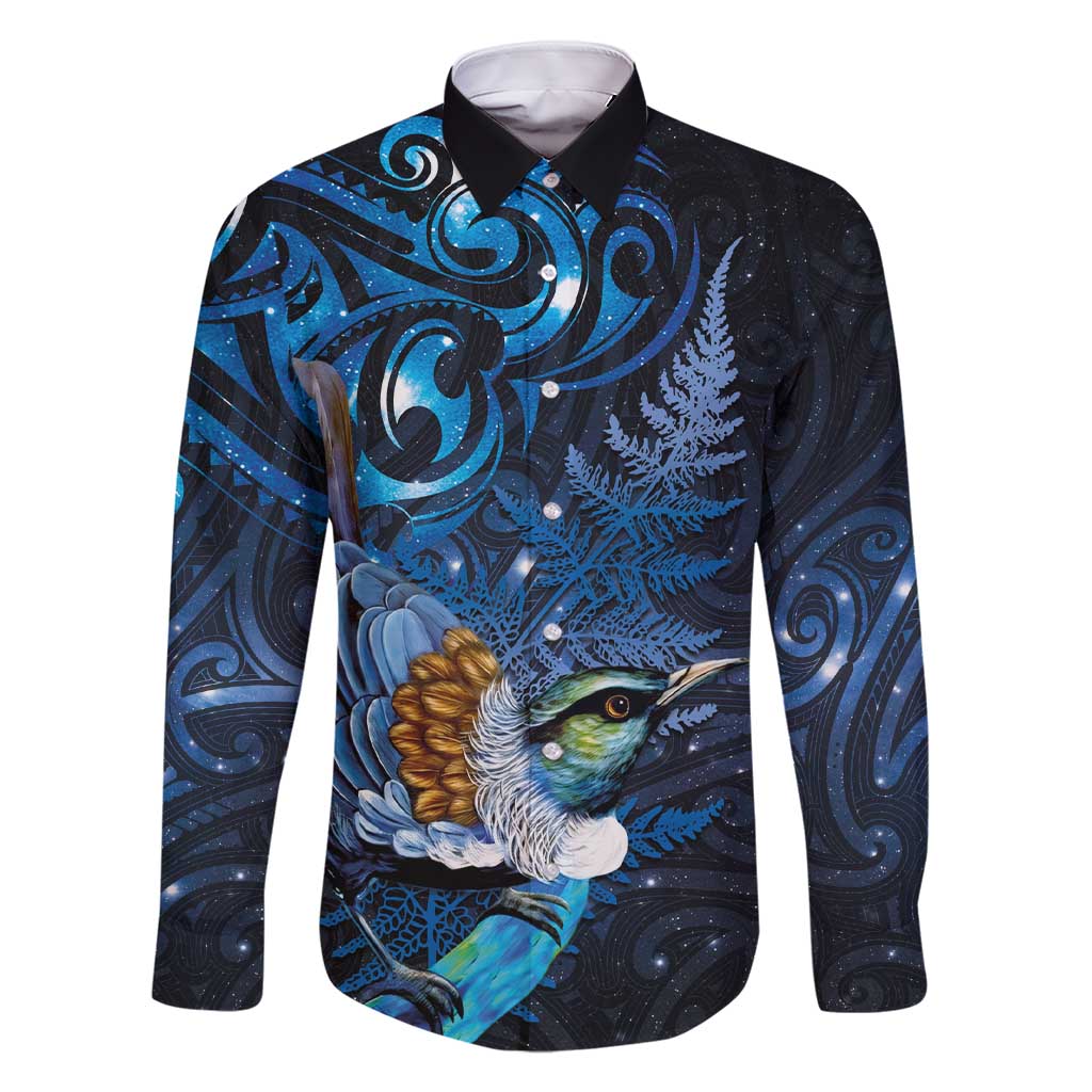 Aotearoa Matariki Family Matching Short Sleeve Bodycon Dress and Hawaiian Shirt Maori Tribal with Silver Fern and Tui Bird Galaxy Style - Polynesian Pride