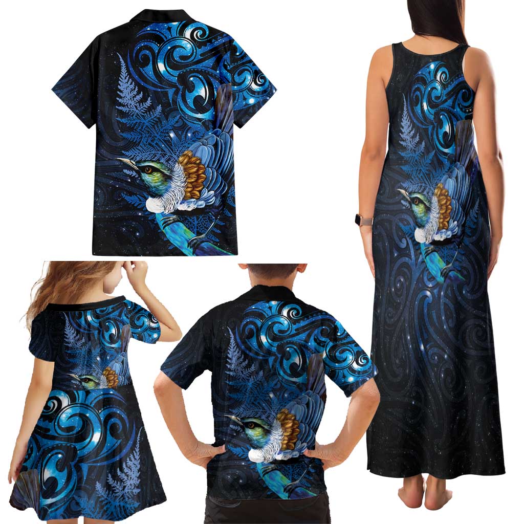 Aotearoa Matariki Family Matching Tank Maxi Dress and Hawaiian Shirt Maori Tribal with Silver Fern and Tui Bird Galaxy Style - Polynesian Pride