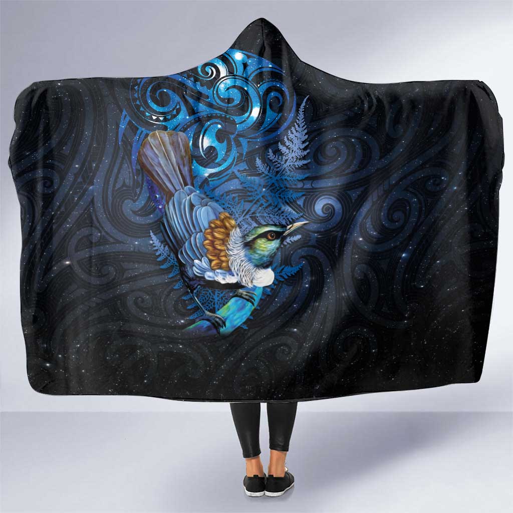 Aotearoa Matariki Hooded Blanket Maori Tribal with Silver Fern and Tui Bird Galaxy Style - Polynesian Pride