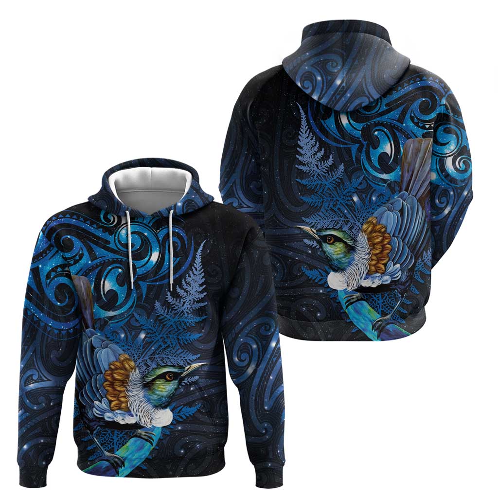 Aotearoa Matariki Hoodie Maori Tribal with Silver Fern and Tui Bird Galaxy Style - Polynesian Pride
