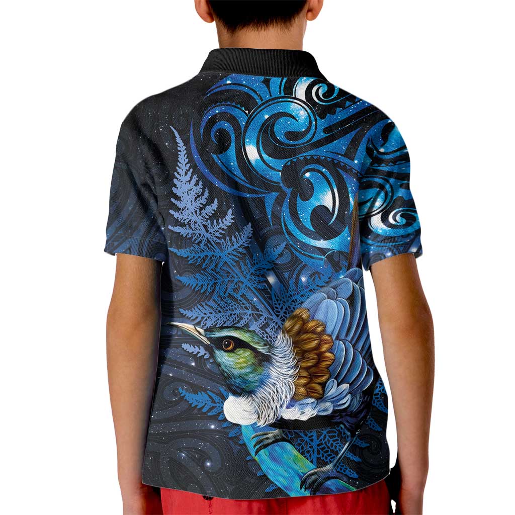 Aotearoa Matariki Kid Polo Shirt Maori Tribal with Silver Fern and Tui Bird Galaxy Style - Polynesian Pride