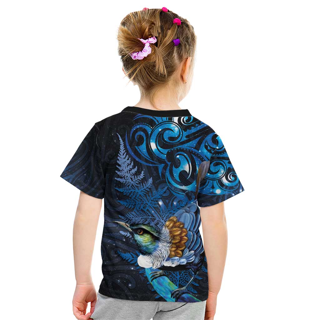 Aotearoa Matariki Kid T Shirt Maori Tribal with Silver Fern and Tui Bird Galaxy Style - Polynesian Pride