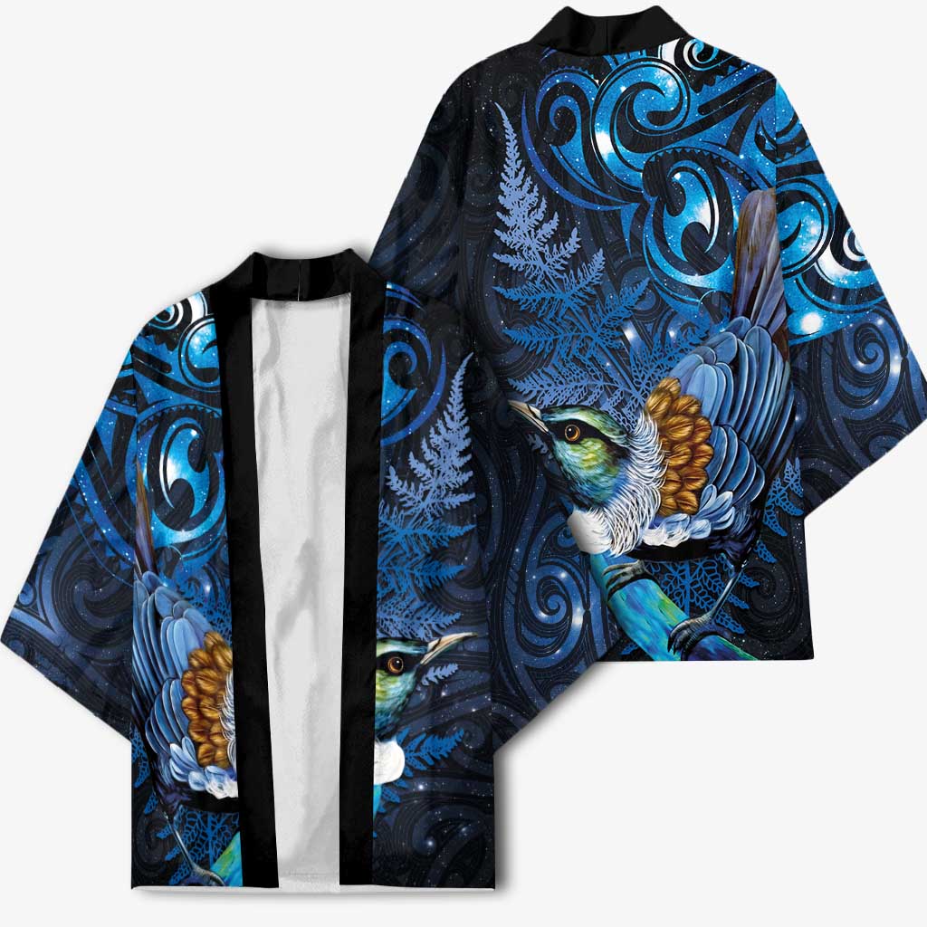 Aotearoa Matariki Kimono Maori Tribal with Silver Fern and Tui Bird Galaxy Style - Polynesian Pride