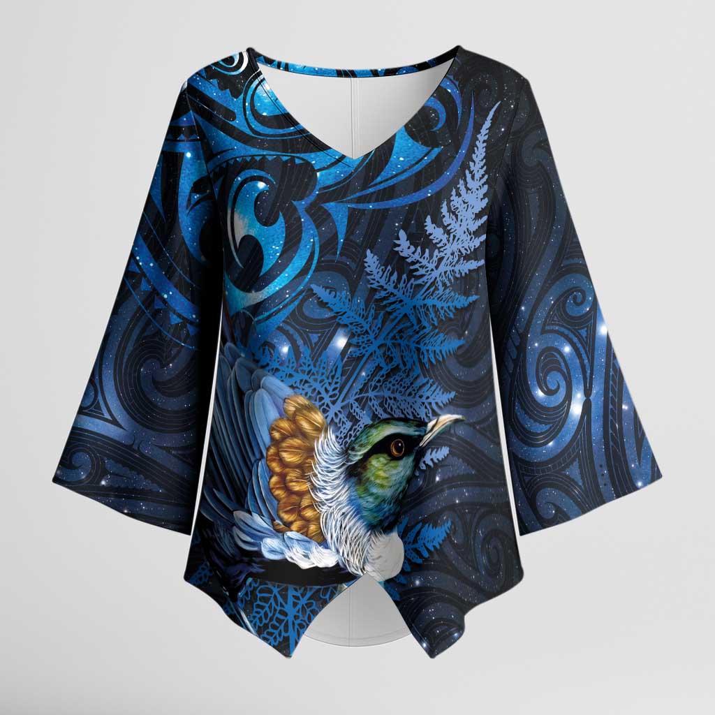 Aotearoa Matariki Kimono Sleeve Blouse Maori Tribal with Silver Fern and Tui Bird Galaxy Style - Polynesian Pride