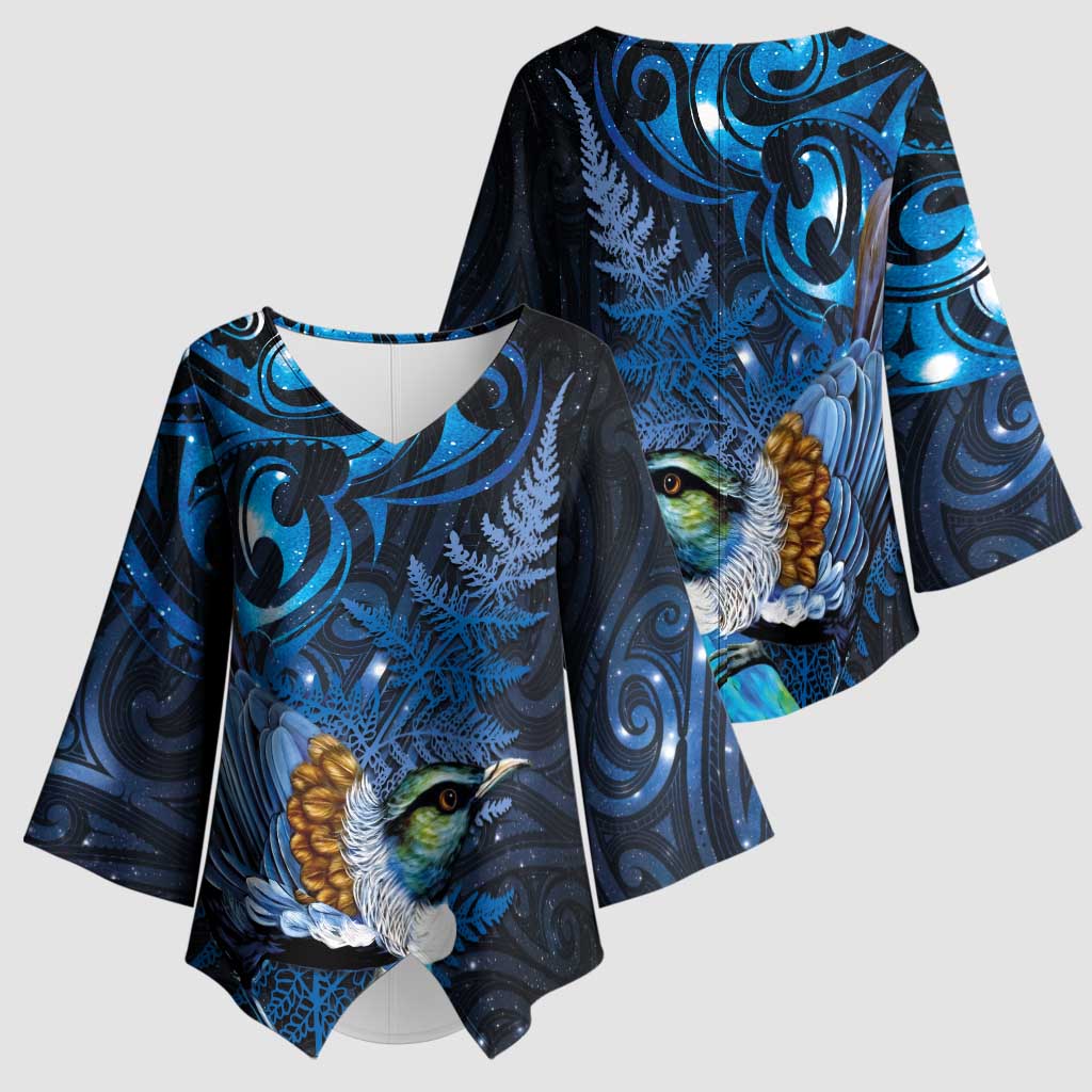 Aotearoa Matariki Kimono Sleeve Blouse Maori Tribal with Silver Fern and Tui Bird Galaxy Style - Polynesian Pride