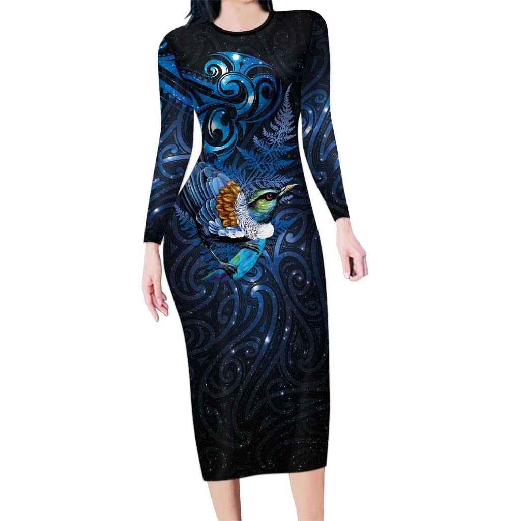 Aotearoa Matariki Long Sleeve Bodycon Dress Maori Tribal with Silver Fern and Tui Bird Galaxy Style - Polynesian Pride
