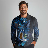 Aotearoa Matariki Long Sleeve Polo Shirt Maori Tribal with Silver Fern and Tui Bird Galaxy Style - Polynesian Pride